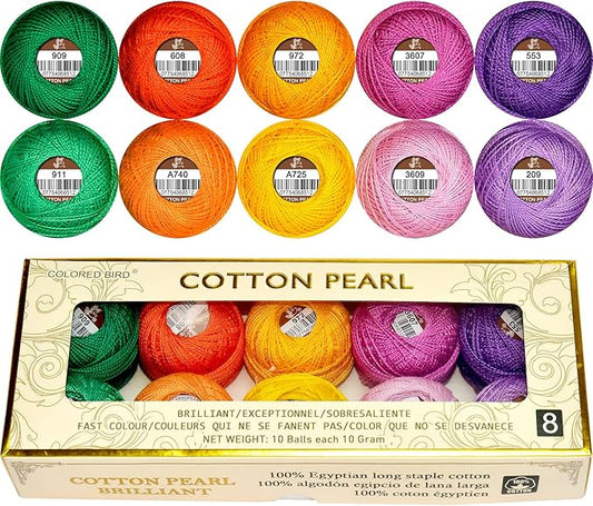 Double Mercerized Egyptian Long Staple Cotton Pearl Thread Ball 10 Grams Rainbow Color Embroidery Thread 10 Colors per Box for Crochet Hardanger Cross Stitch Hand Embroidery,Rainbow Light Color