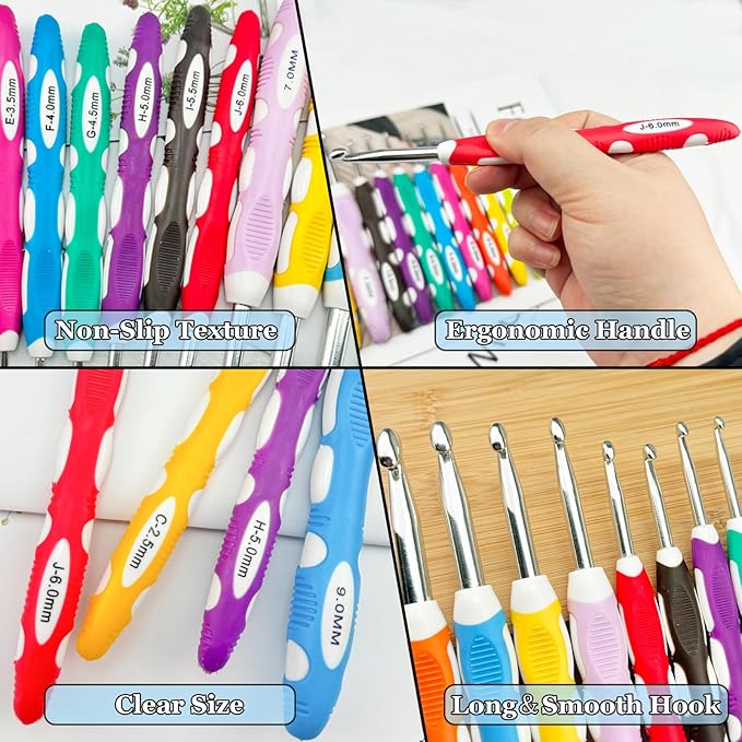 13 Sizes Crochet Hooks Set,Ergonomic Non-Slip Handle Crochet Hooks for Arthritic Hands,Extra Long Crochet Hook Needles 2mm(B)-10mm(N)