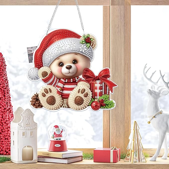 Bowetile Christmas Hanging Diamond Art Painting Kits for Adults, 5D Special Shape Diamond Art Kits Bear, Crystal Gem Painting Arts and Crafts for Adults for Home Garden Decor