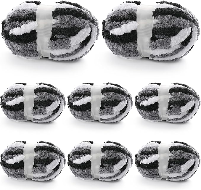 8 Pcs Chunky Yarn for Hand Knitting - Chunky Chenille Yarn for Crocheting - Fluffy Yarn for Crochet - Jumbo Yarn for Hand Knitting 227 yds 61.6 oz of Super Bulky Yarn (Black-White-Grey)