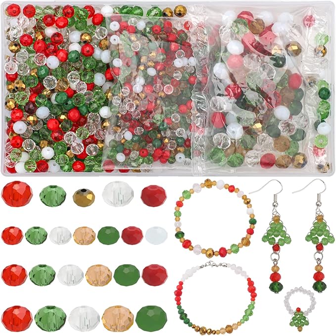 1000pcs Christmas Glass Beads for Jewelry Making Briolette Rondelle Beads Assorted Crystal Beads Loose Spacer Bead for DIY Crafts Bracelets Necklaces Earrings and Christmas Decorations