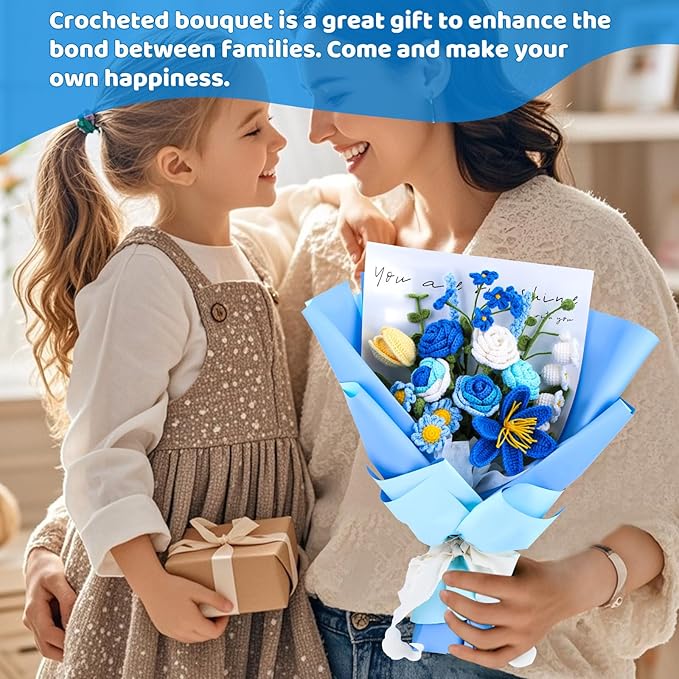 Iuuidu Crochet Kit, Flower Bouquet Crochet Kit for Beginners, Crochet Bouquet Kit Rose with Step-by-Step Video Tutorials for Lover Anniversary Birthday Wedding Home Decor (Blue)