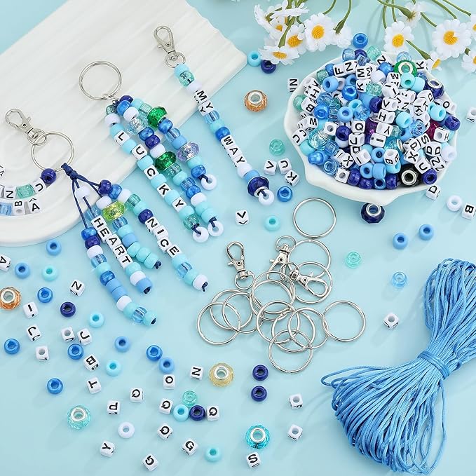 BEEFLYING 750 Pcs DIY Bead Keychain Kit Key Chain Making Crafts Letter Beads Strings Adjustable Alphabet Key Ring Jewelry Backpack Accessories Holiday Party Festival Favor Gift (Blue)