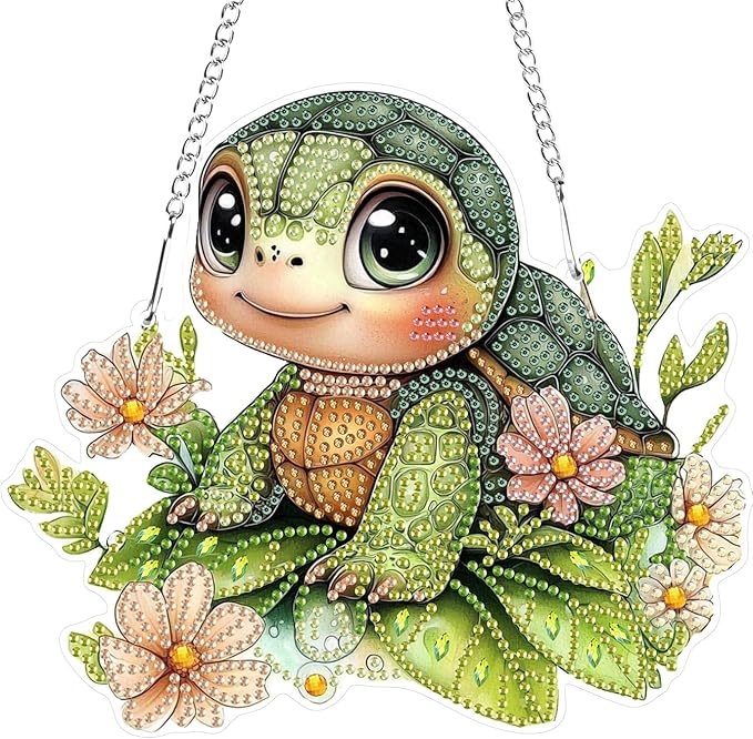 Hanging Diamond Art Kits for Adults Beginners, Turtle Flower Diamond Painting Pendant Kit, DIY Acrylic 5D Special Shaped Crystal Diamond Gem Art Painting Hanging Ornament for Home Wall Decor