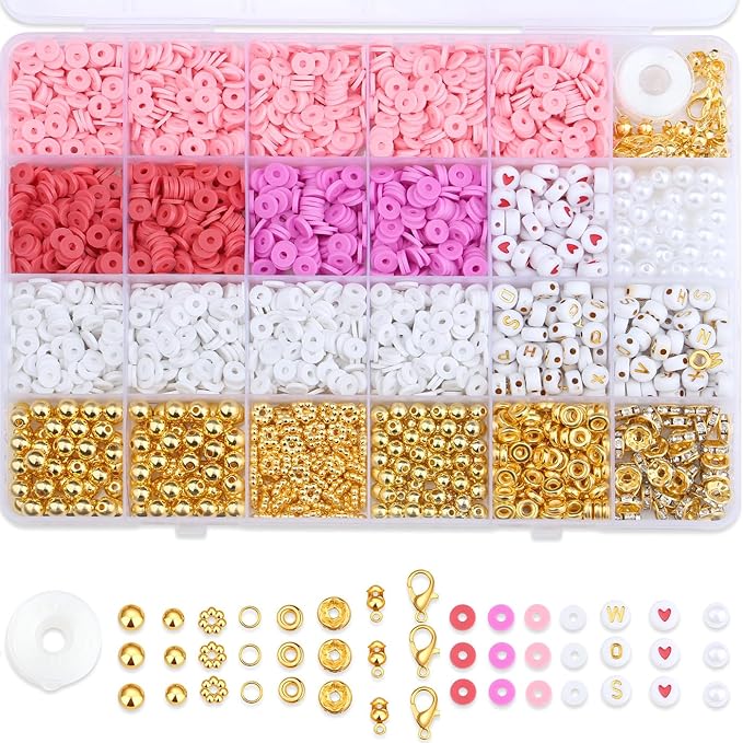 MAIBAOTA Red Clay Beads Kit for Bracelets Making Red Beads for Jewelry Making Friendship Bracelet Heishi Beads Kit for DIY Crafts (with Letter Gold Beads