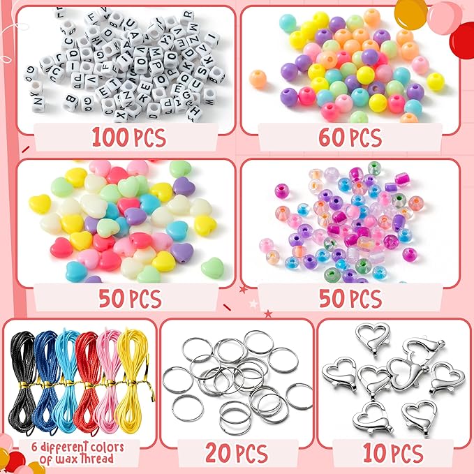 WATINC DIY Heart Keychain Making Craft Kits,Beads for Jewelry Making Set Supplies with Adjustable Letter Transparent Beads, Bag Charm Bracelets Key Ring Accessories Festival Party Favor (592Pcs)