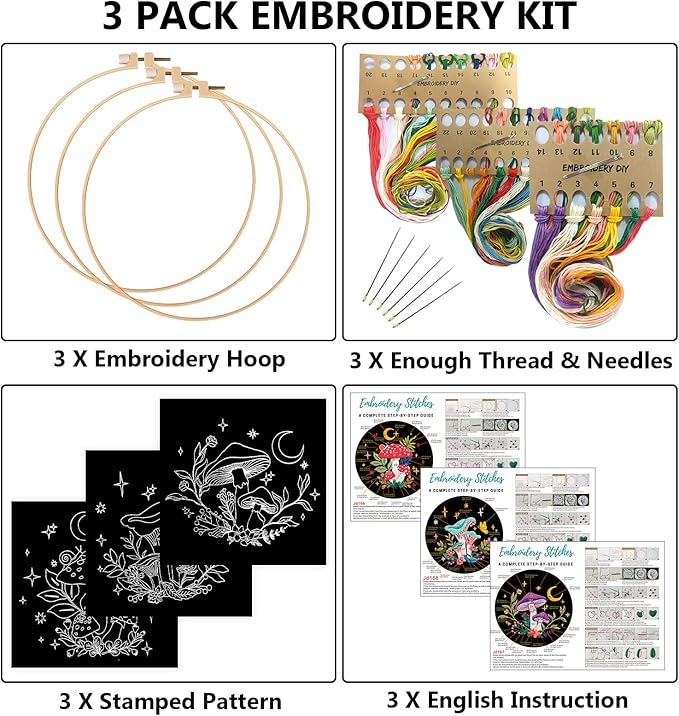 Nuberlic 3 Pack Embroidery Kit for Adults Beginners, Stamped Cross Stitch Mushroom Patterns with Hoop, Thread, Needles & Step-by-Step Guide Easy DIY Starter Kit
