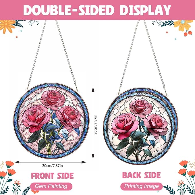 NAIMOER Diamond Art Hanging Kits for Adults Rose 5D Special Shaped Rhinestone, DIY Acrylic Diamond Art Painting Window Pendants Home Garden Wall Hanging Ornament Kits, Double Sided