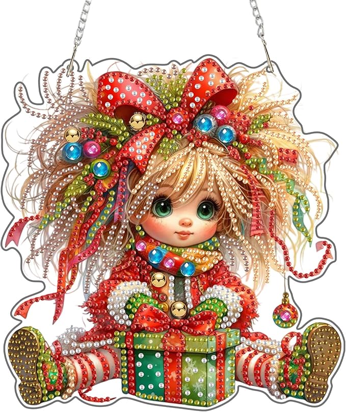KEYIFA Christmas Diamond Painting Kit, DIY Cute Diamond Art for Adults, Diamonds Painting Pendant Special Shaped Rhinestone Window Hanging Ornaments Home Garden Wall Door Decoration, 20cm Width