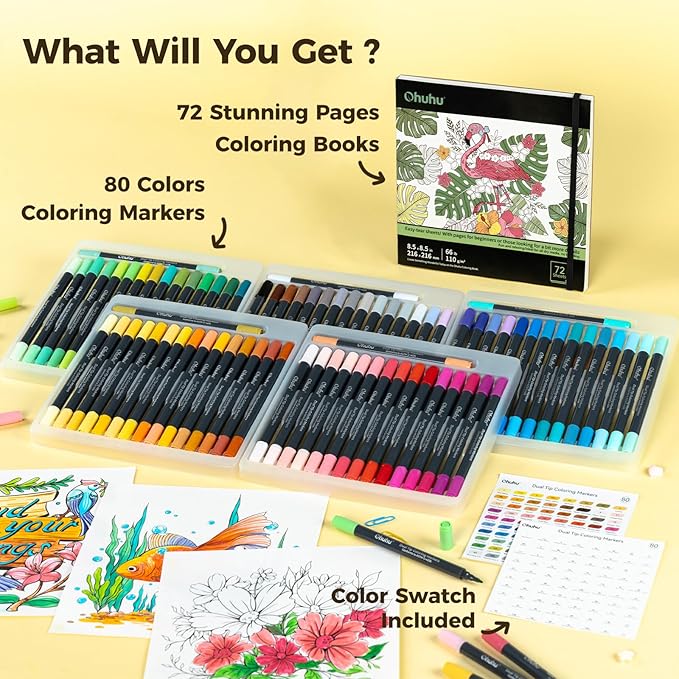 Ohuhu Markers Brush Tip 80-colors with 72-sheet Coloring Book - Double Tipped Markers for Adults Coloring Books - Art Marker Set Bundles with 100% Bleed-proof Pages - Fine & Brush Dual Tips