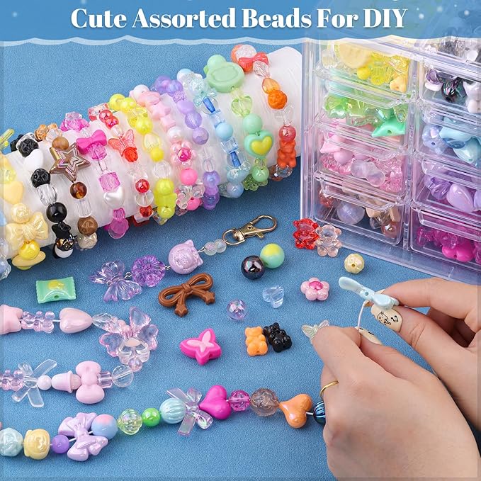 500-550PCS TINKRSTUFF Assorted Acrylic Beads, 8 Colors Mixed Cute Beads for Bracelet Making, Star Bow Flower GummyBear Kawaii Beads, Aesthetic Bead for Necklace Keychain Jewelry Making DIY Phone Charm