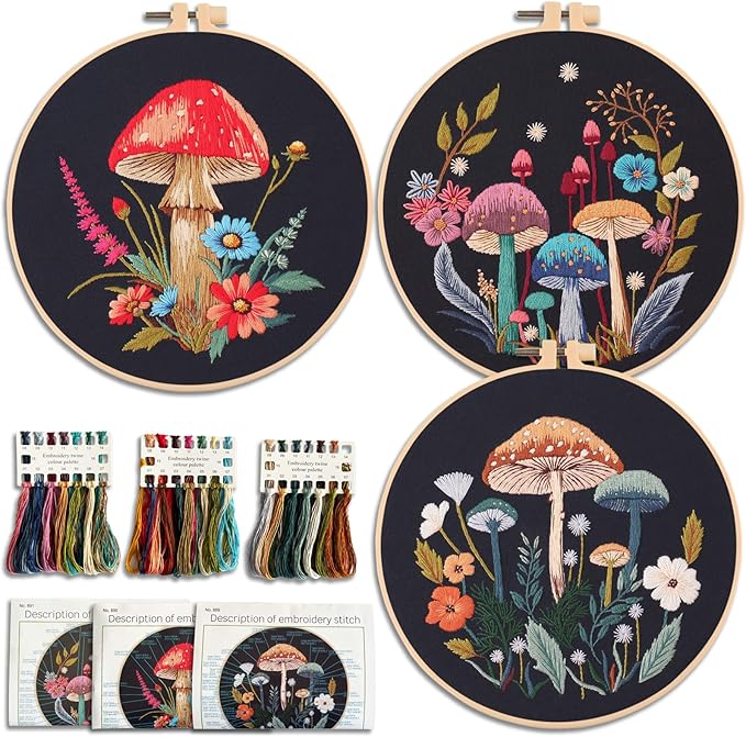Myfelicity Embroidery Kit with Mushroom Patterns, 3 Hoops, Fabric, Threads, Needles, Instructions (Colorful)
