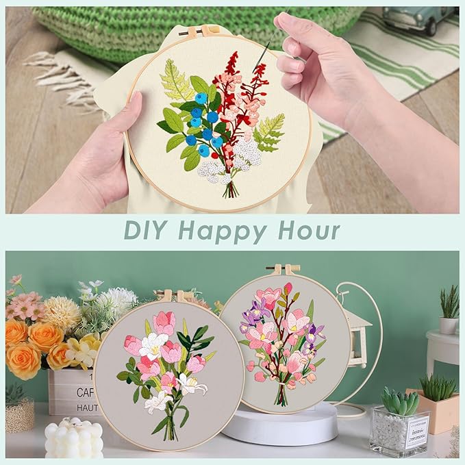 ERKOON 5 Sets Embroidery Kit for Beginners, Butterfly Cross Stitch Set for Include Embroidery Cloth Hoops Threads for Craft Lover Hand Stitch (Bouquet)