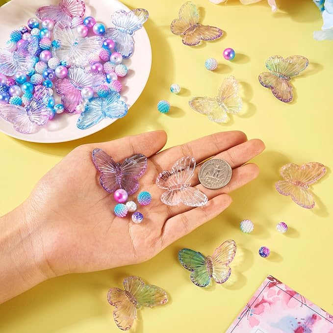 FASHEWELRY 100pcs Assorted Acrylic Beads - Cute Butterfly, Rose Flower, Kawaii Pink & Purple Acrylic Berry Beads Bulk for Bracelets & Necklaces Jewelry Making