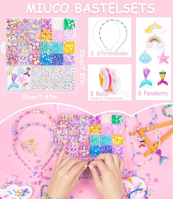 miuco bracelet making kit for kids girls - cute beads for jewelry making kit with charms - arts and crafts for make necklaces - birthday gifts for girls ages 5 6 7 8 9 10 (kids' jewelry making kits)
