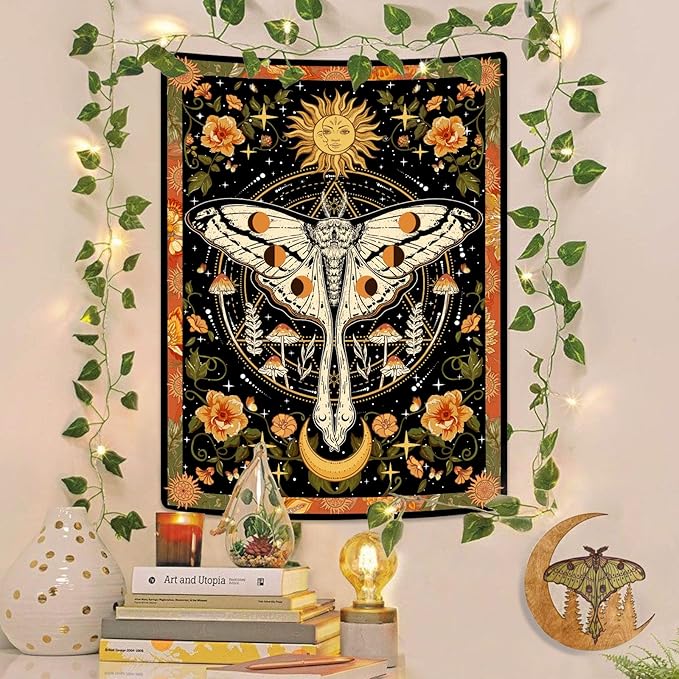 aipon orange moth tapestry boho retro floral flowers tapestries aesthetic vintage mushroom tapestries bedroom indie vertical tapestry wall hanging for living room dorm (44.00'' × 60.00'', orange)
