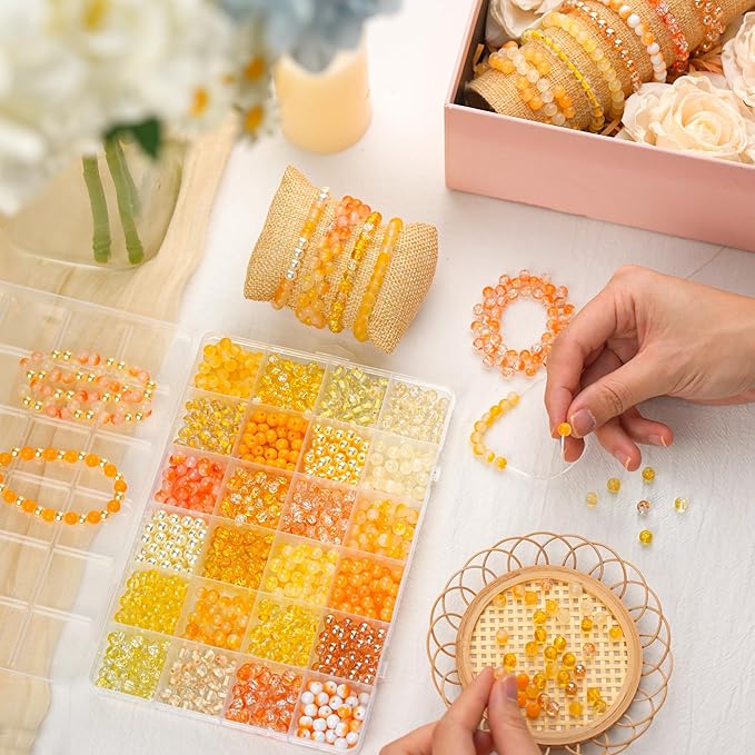 1200PCS 6mm Glass Beads for Bracelets, Fall Beads 24 Colors Orange Yellow Crystal Beads Bracelet Making Kit and Jewelry Making, Round Glass Beads for Friendship Bracelets Thanksgiving Decorations
