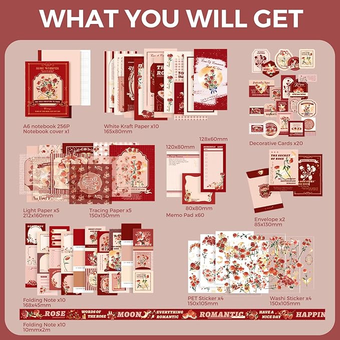 Funto Scrapbooking Kit(123 PCS), Vintage Collection-Rose Whisper, Perfect for Bullet Scrapbooking Materials, Planner DIY Arts Craft Collage