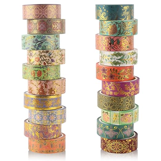 Gold Foil Floral Decorative Tape Set 20 Rolls Retro Washi Tape Aesthetic DIY Art Masking Tape for Kids Craft Notebook Planner Book Scrapbooking & Stamping Supplies Gift Wrapping