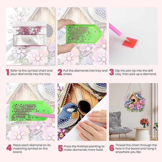 MXJSUA Birds Flowers Special Shaped Hanging Diamond Painting Art Kits for Adults, Crystal Rhinestone Acrylic Gem Art Pendant Ornaments Kit for Home Decoration and Gift