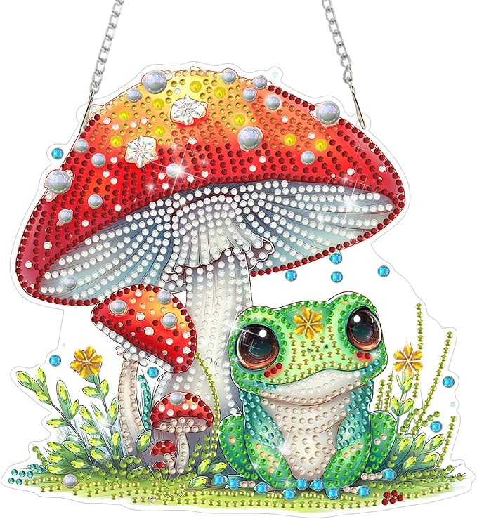 MAXBYE Frog Mushrooms Diamond Art Painting Kits for Adults Beginners Hanging Pendent, DIY 5D Special Shaped Crystal Diamond Painting Kits Ornament for Gift Home Wall Door Decor 8×8 Inch