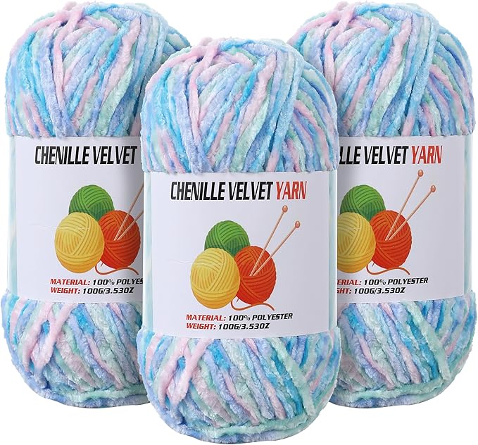 3 * 100g Velvet Chenille Chunky Yarn for Crocheting, Handcrafts Weaving Soft Chenille Yarn for Crocheting Clearance, Used for Making Baby Yarns Blanket, Clothes, Knitting Creations (Candy Color)