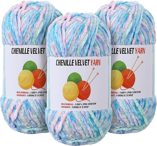 3 * 100g Velvet Chenille Chunky Yarn for Crocheting, Handcrafts Weaving Soft Chenille Yarn for Crocheting Clearance, Used for Making Baby Yarns Blanket, Clothes, Knitting Creations (Candy Color)