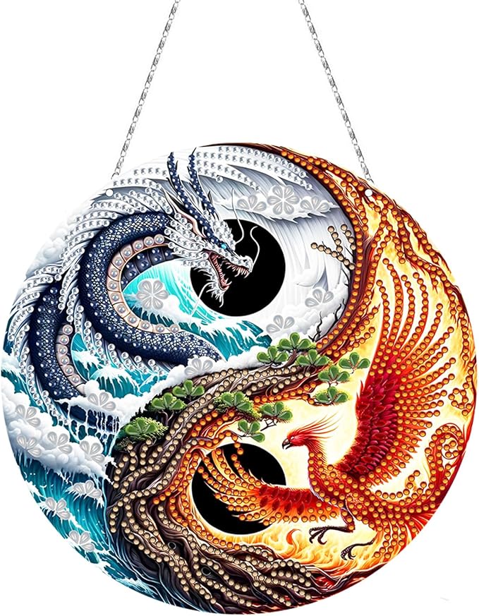 Generic DIY Hanging Diamond Pendant Special Shaped Crystal Diamond Art Painting Ornament Single Sided for Window Home Garden Wall Door Decor-Dragon & Phoenix