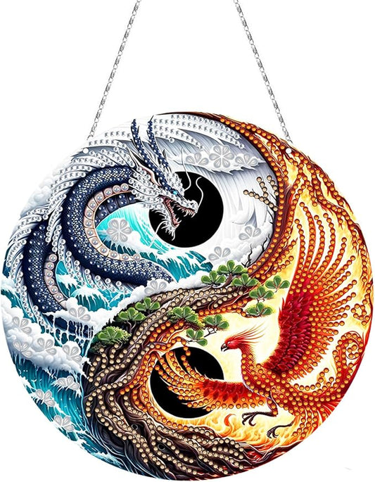 Generic DIY Hanging Diamond Pendant Special Shaped Crystal Diamond Art Painting Ornament Single Sided for Window Home Garden Wall Door Decor-Dragon & Phoenix
