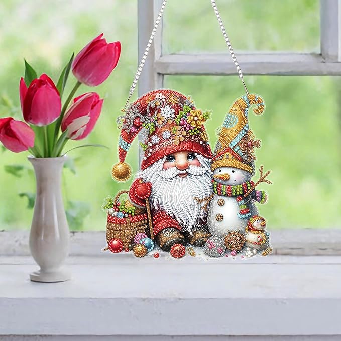 Auremi Gnome Diamond Art Hanging Kit for Adult, Special Shaped Rhinestone, DIY Acrylic 5D Christmas Diamond Painting Window Pendants Signs, Home Garden Wall Hanging Ornament