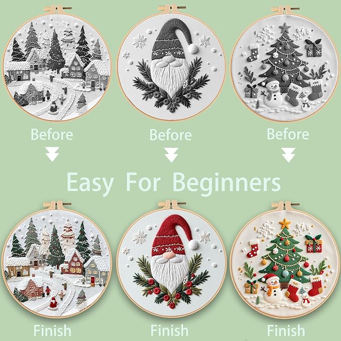 Ohcol 3 Sets Christmas Embroidery Kit,Cross Stitch Kits for Beginners,Needlepoint Kits for Adults with Easy Floral Pattern Hand Crafts,Hoop,Needle