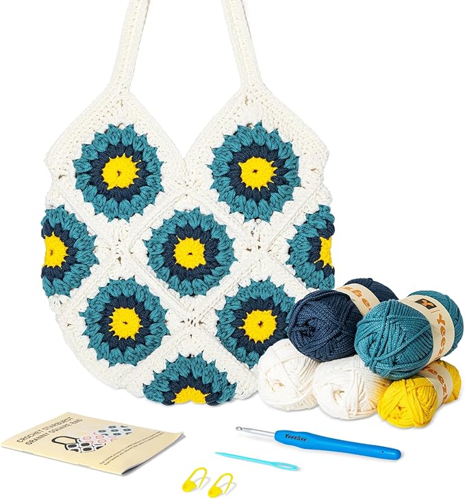 Yeezhee Crochet Kit for Advanced or Intermediate Beginners, Crochet Bag Kit with Step-by-Step Video Tutorials, Granny Square Crochet Tote Bag Set, Knitting Kit Including Yarn, Crochet Hook, Corydalis