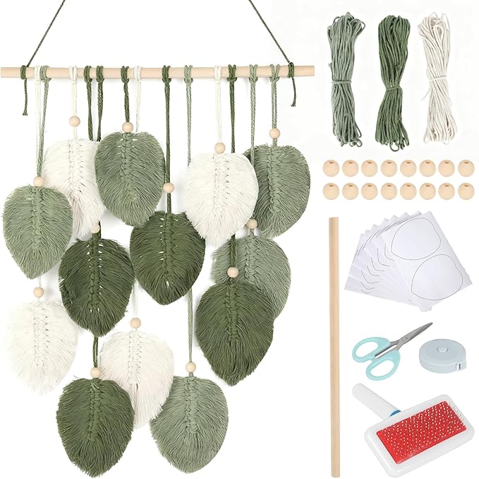 Crystalberry Large DIY Macrame Leaf Wall Hanging Kit 20.4in × 15.7in Bohemian 13 Green Leaves Decor DIY Craft Woven Yarn Tapestry for Living Room Bedroom