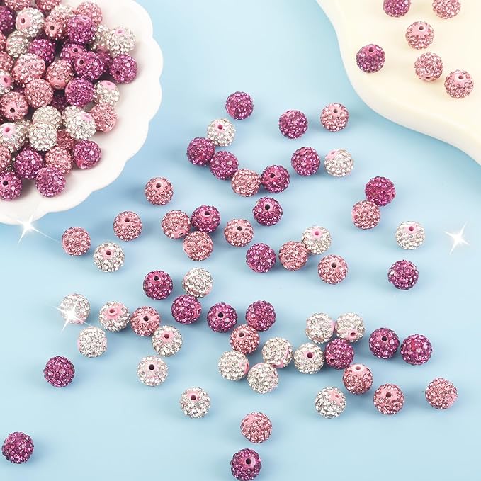 200Pcs Rhinestone Beads 10mm Pink Sparkle Round Shamballa Disco Ball Beads, Shiny Crystal Clay Pave Diamond Rhinestones Bead for Baseball Necklace Bracelet Earring Jewelry Making Party Decoration
