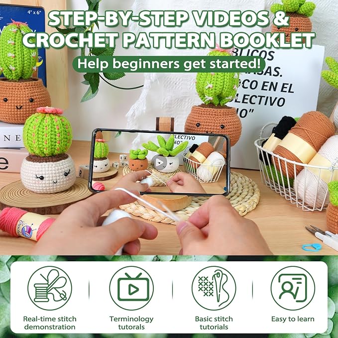 Sewkitta Crochet Kit for Beginners, Crochet Starter Kits for Adults, Amigurumi Craft Knitting Crocheting Kits with Step-by-Step Video Tutorials, 6 Pc Hanging Potted Plants Family(40%+ Yarn)