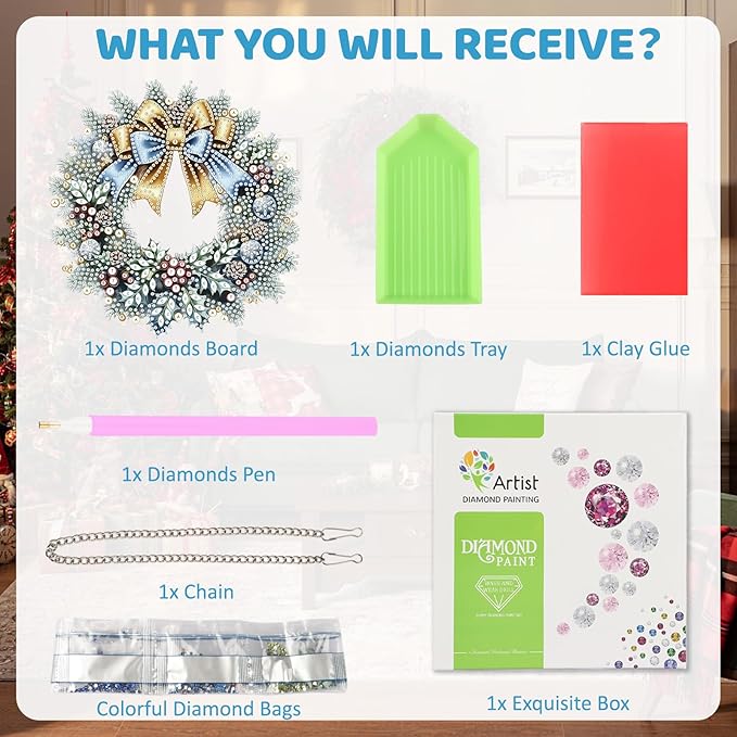 MEIYUDA Christmas Diamond Art Hanging Kits for Adult, Winter Wreath Diamond Painting Hanging Kits Ornaments, DIY Special Shaped Rhinestone Window Pendants kit for Home Garden Wall Decor Gift