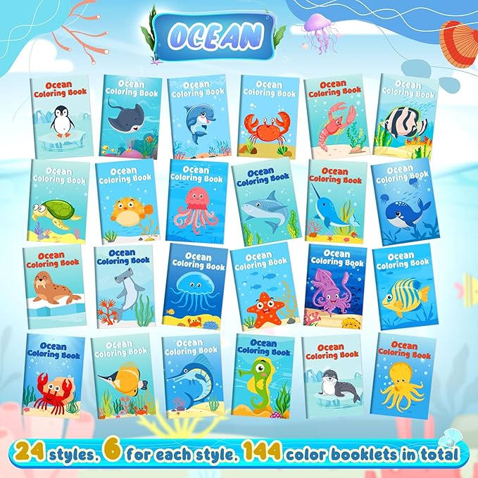 Liliful 144 Pcs Ocean Cartoons Coloring Book Bulk for Kids Mini Ocean Cartoons Theme Drawing Book with Sea Creature Shell Patterns Marine Life Goodie Bag Filler Party Favors and Holiday Gifts