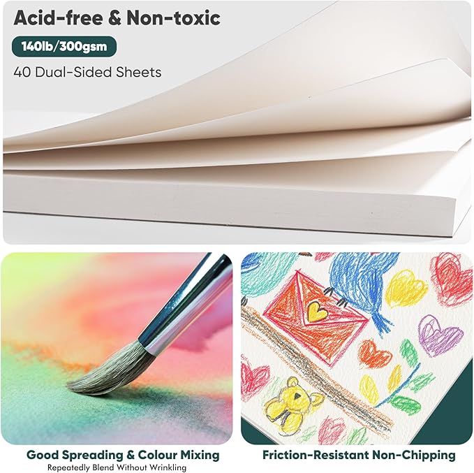 soucolor watercolor paper pad, 9"x12" water color paper, 140lb/300gsm 40 sheets artist painting drawing paper book, art supplies for adults, watercolor paint set, sketchbook, journal, notebook