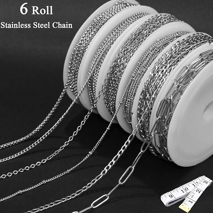 Necklace Chain for Jewelry Making, 42.6 Feet 6 Roll Stainless Steel Silver Jewelry Link Chains for DIY Necklace Bracelets Keychain Craft Jewelry Making Supplies with Jump Rings Lobster Clasp Connector