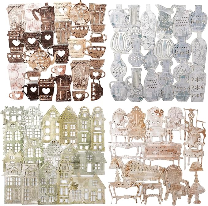 Vintage House & Tableware Laser Cut Ephemera Sticker Set – 120pcs Houses Chairs Sofas Teapots Cups for Scrapbooks Journals Cardmaking DIY Crafts Decor