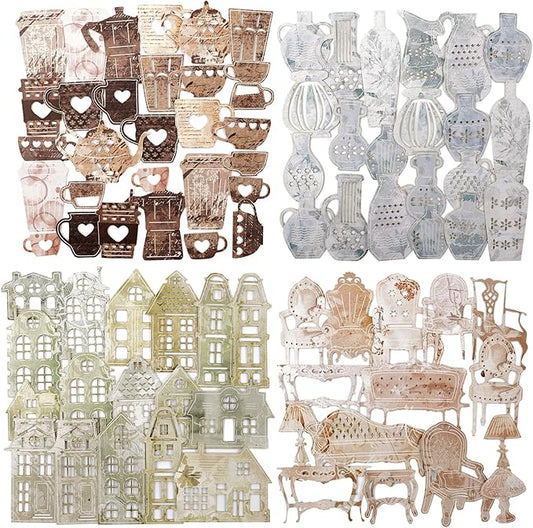 Vintage House & Tableware Laser Cut Ephemera Sticker Set – 120pcs Houses Chairs Sofas Teapots Cups for Scrapbooks Journals Cardmaking DIY Crafts Decor