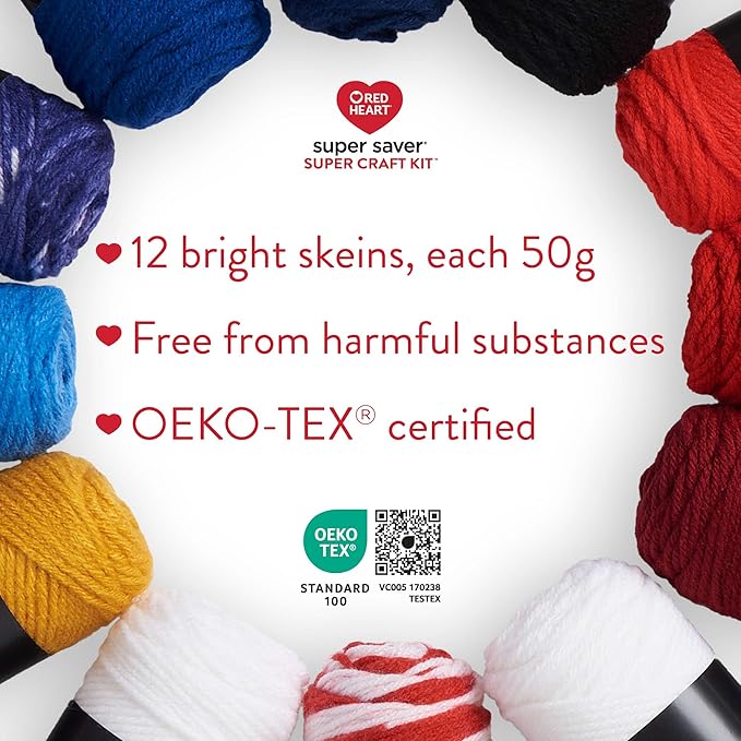 Red Heart Super Saver Yarn Super Craft Kit America, with 12 Pack of 50g/1.7 oz. 4 Medium Worsted Yarn for Knitting & Crocheting, 12 Colors, Perfect for Chunky Sweaters, Blankets, Amigurumi