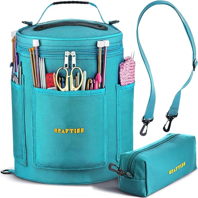 CRAFTISS Knitting Bag Yarn Storage - Gift for Crocheters - Durable Canvas Yarn Holder for Crochet Accessories - Organizer Crochet Bag with Knitting Accessories Case (Turquoise)