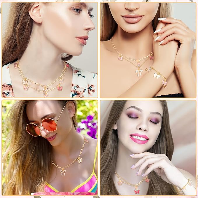 Quelay 91 Pcs Pink Bow Enamel Flat Charms Jewelry Making Kit Gold Keychain Making Kit for Necklace Choker Bracelet with Jewelry Pliers, Butterfly Bowknot Charms Pendants for Women DIY Crafts Supplies