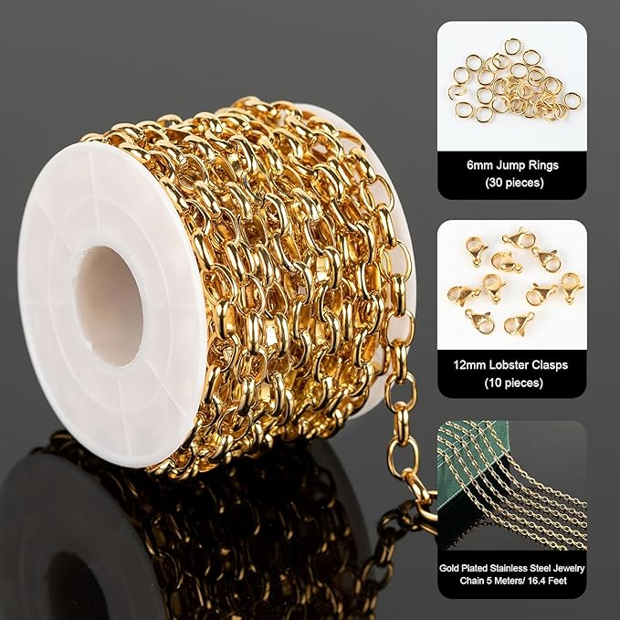 UMAOKANG 16.4 Feet Stainless Steel Oval Chain Gold Plated Chains Bulk with Jump Rings and Lobster Clasps Jewelry Chain Roll