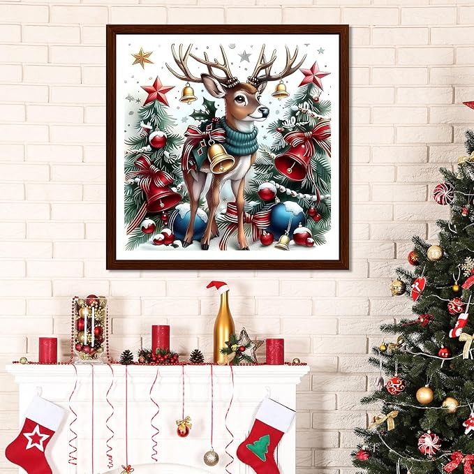 EMIEAUFG Christmas Diamond Art Kits for Adults, Christmas Deer Diamond Paiting Kit for Beginners, 5D DIY Round Full Drill Craft Diamond Dot Gem Art, Home Wall Decor 12" x 12"