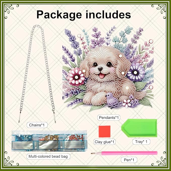 AiYuanzsh 5D Diamond Painting Hanging Pendant Kit with Chain, Cute Dog DIY Crystal Rhinestone Diamond Art Suncatcher Ornament for Window, Door, Wall, Home Decor Gift (25.2x23.8 cm)