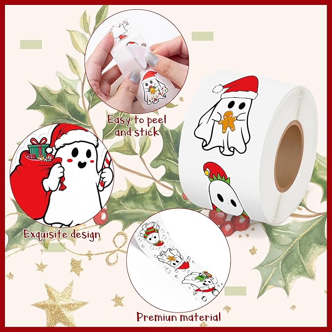 beyumi christmas cute ghost stickers - 1000pcs christmas cute ghost rolled stickers in 2 rolls xmas red santa hat boo adhesive waterproof vinyl decals holiday party school envelope scrapbooking decor
