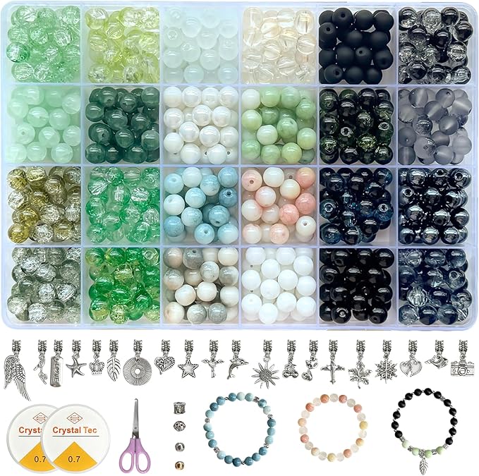 Glass Bead Bracelet Making Kit (8mm), Beginner Set with 600PCS Green Glass Beads, No Jewelry Tools Required