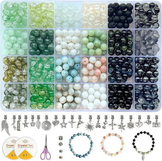 Glass Bead Bracelet Making Kit (8mm), Beginner Set with 600PCS Green Glass Beads, No Jewelry Tools Required